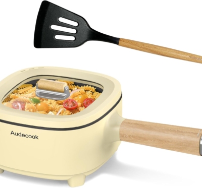 Audecook Hot Pot Electric 2L, Cermic Glaze Non-Stick Frying Pan 8 Inch, Portable Travel Cooker for Ramen/Steak/Fried Rice/Oatmeal/Soup, with Dual Power Control (Silicone Spatula Included)