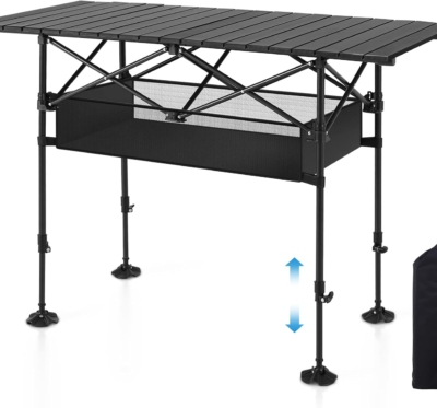 LET'S CAMP Folding Camping Table, Portable Aluminum Roll-up Picnic Backpacking Table with Adjustable Height, Large Storage and Carrying Bag for Picnic, Camping, BBQ, Party, Backyard, Beach