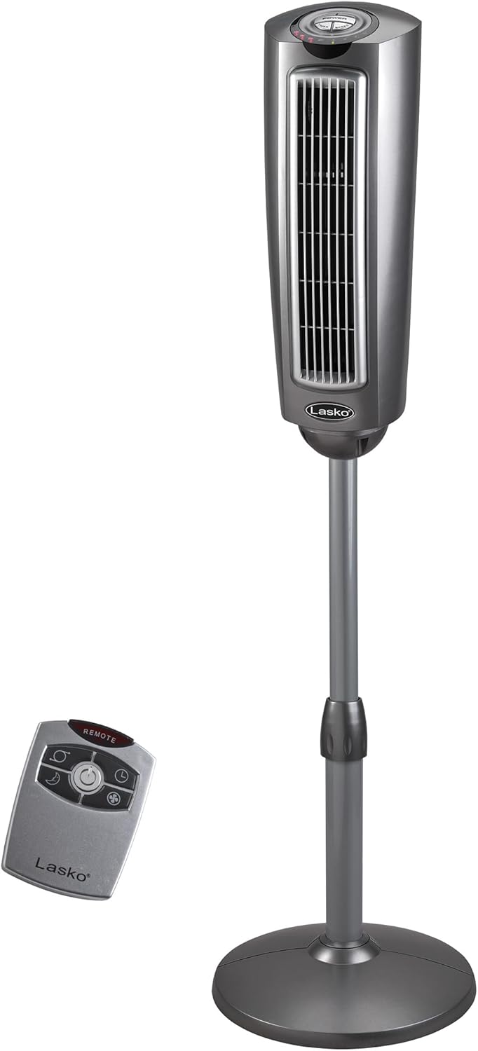 Lasko Oscillating Pedestal Fan, Adjustable Height, 3 Quiet Speeds, Timer, Remote Control for Bedroom, Living Room, Home Office and College Dorm Room, 52", Silver and Gray, 2535