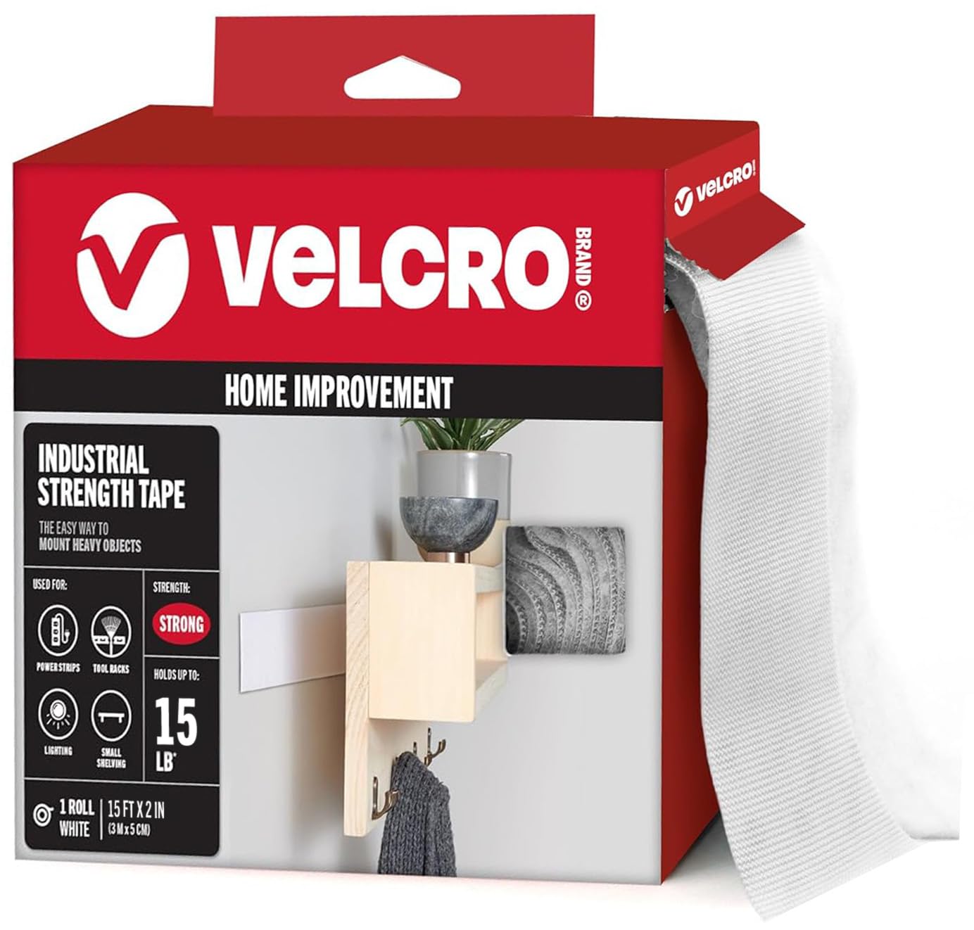 VELCRO Brand Industrial Strength Fasteners | Stick-On Adhesive | Professional Grade Heavy Duty Strength Holds up to 10 lbs on Smooth Surfaces | Indoor Outdoor Use | 15ft x 2in Tape, White