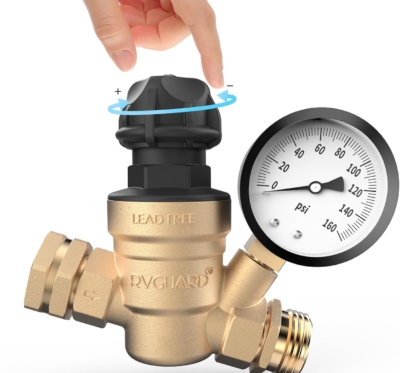 RVGUARD RV Water Pressure Regulator Valve With An Adjustable Knob, NO Tool Required, Brass Lead-Free Water Pressure Reducer with Gauge and Inlet Screen Filter for RV Camper Travel Trailer