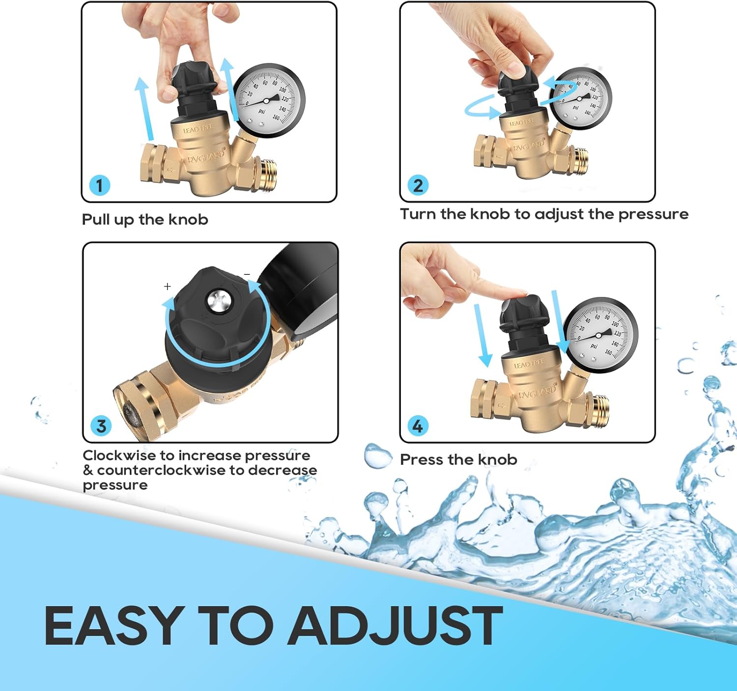 RVGUARD RV Water Pressure Regulator Valve With An Adjustable Knob, NO Tool Required, Brass Lead-Free Water Pressure Reducer with Gauge and Inlet Screen Filter for RV Camper Travel Trailer - Image 3