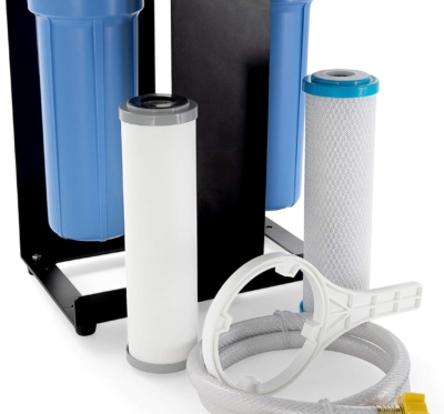 Camco EVO X2 Dual Stage Camper & RV Water Filter Kit - 2 Stage Filtration w/KDF & GAC - Filters Out Bad Taste, Odors, Lead, Bacteria & More - Provides Approx. 15,000 Gallons of Filtered Water (40639)