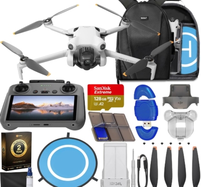 DJI Mini 4 Pro Drone with RC 2 2 (Remote Controller w/ Screen) Folding Mini-Drone with 4K HDR Video Under 249g, 34 Mins Flight Time, Omnidirectional Vision Sensing Bundle with 128GB Memory Card, Landing Pad, CPS 2 Year Warranty + More