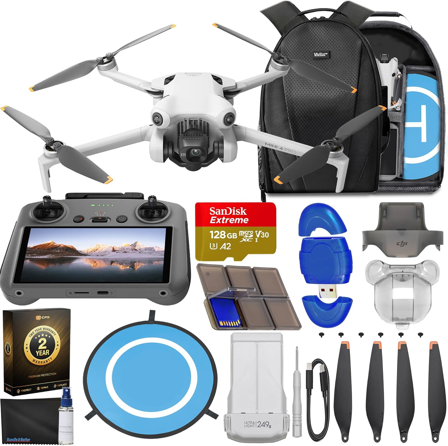 DJI Mini 4 Pro Drone with RC 2 2 (Remote Controller w/ Screen) Folding Mini-Drone with 4K HDR Video Under 249g, 34 Mins Flight Time, Omnidirectional Vision Sensing Bundle with 128GB Memory Card, Landing Pad, CPS 2 Year Warranty + More